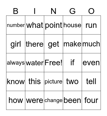 WORD LIST BINGO Card