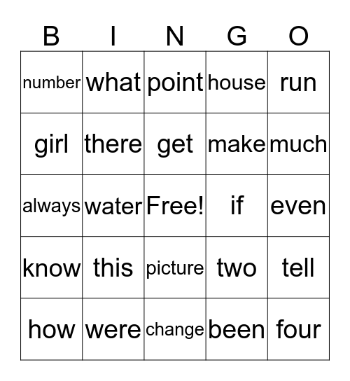 WORD LIST BINGO Card