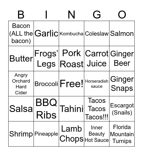 Jim's Favorite Foods Bingo Card