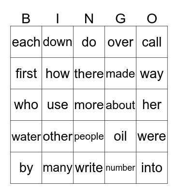 List B High Frequency Words Bingo Card