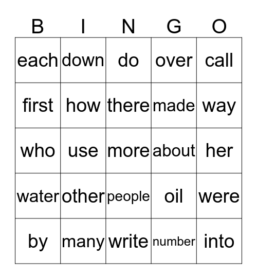 List B High Frequency Words Bingo Card