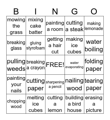 Physical Change Bingo Card