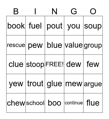 ou, oo, ue, ew Bingo Card