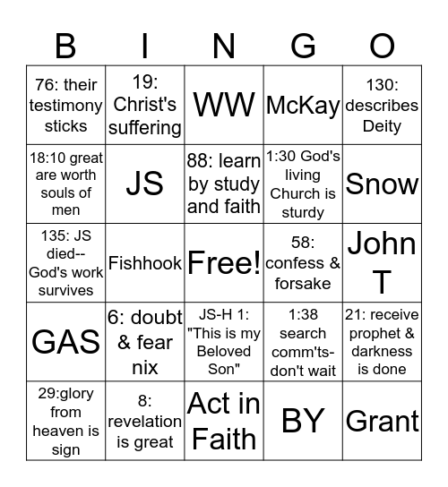 Seminary BINGO Card