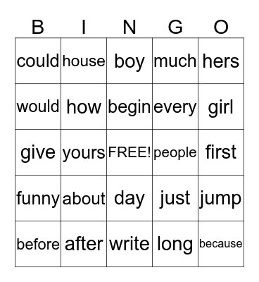 1st Grade Sight Words Bingo Card