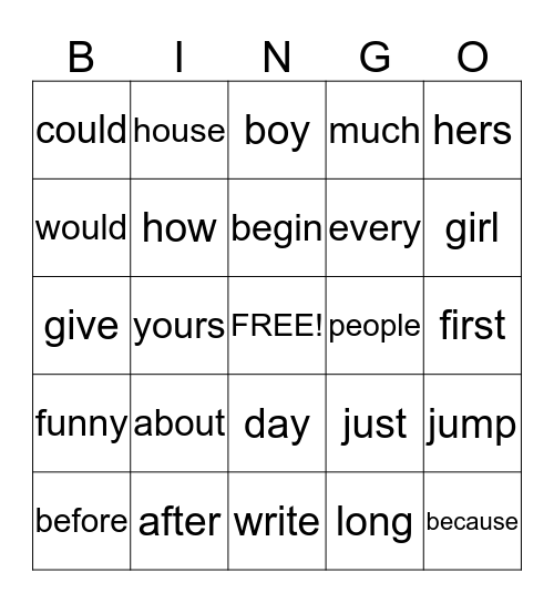 1st Grade Sight Words Bingo Card