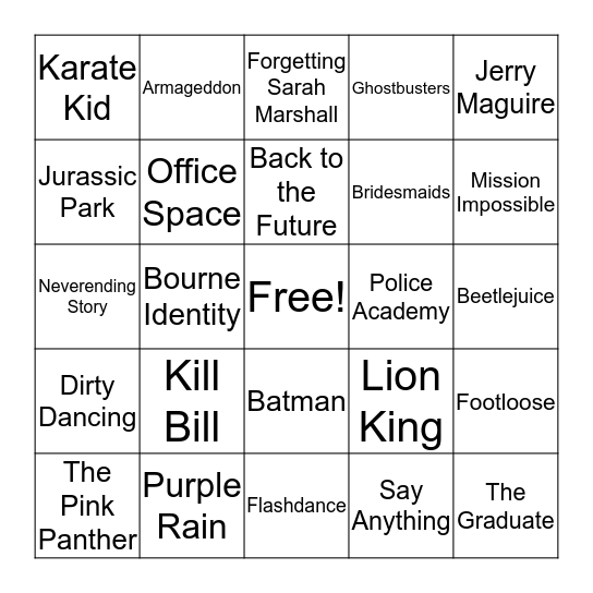 Dirty Bingo: Movie Songs Bingo Card