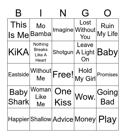 Current Top 40 Bingo Card
