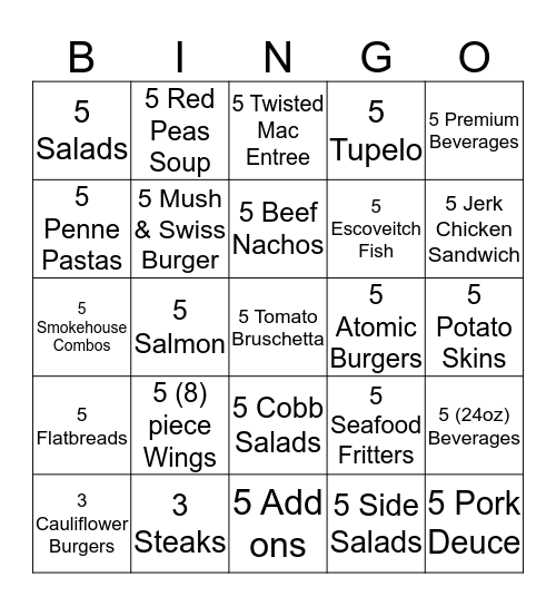 Food and Beverage Bingo Card
