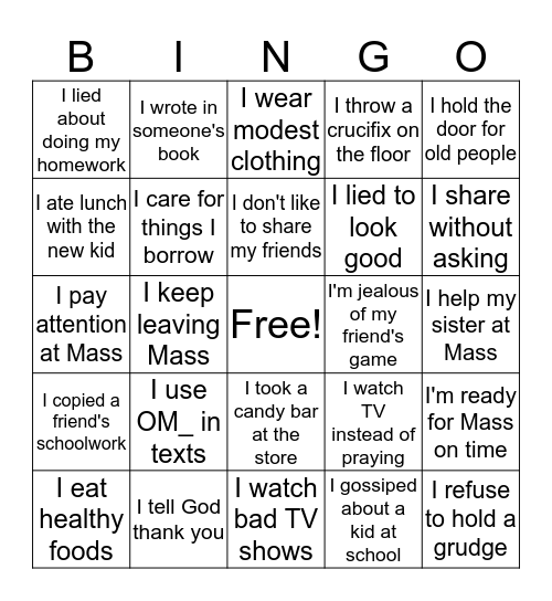 10 Commandments Bingo Card