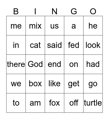 Sight Word Bingo Card