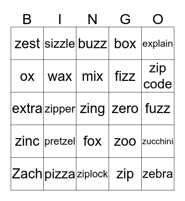 X and Z Bingo Card