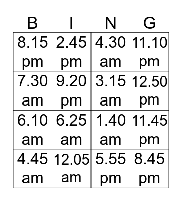 The time (traditional) Bingo Card