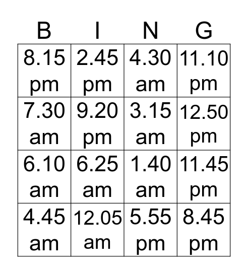 The time (traditional) Bingo Card
