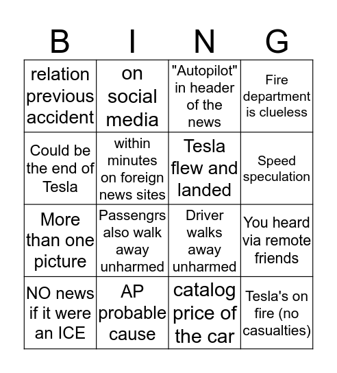 Tesla Accident Bingo Card