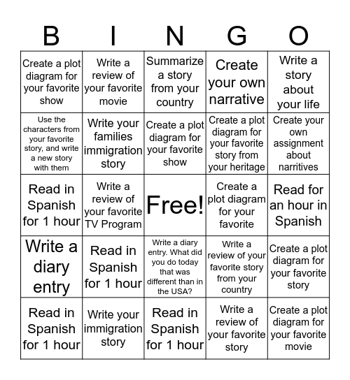 Spanish Homework Bingo Card
