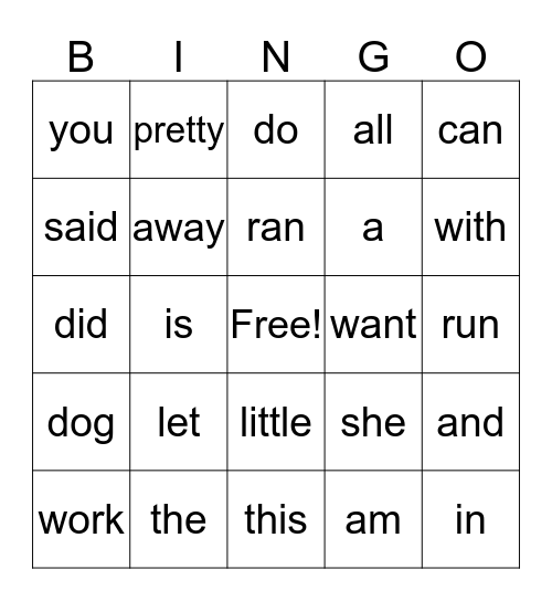 Sight Word Bingo Card