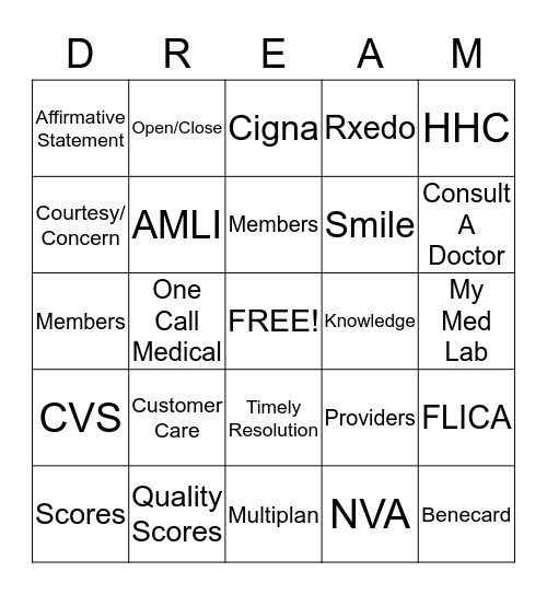 Dream Team Bingo Card