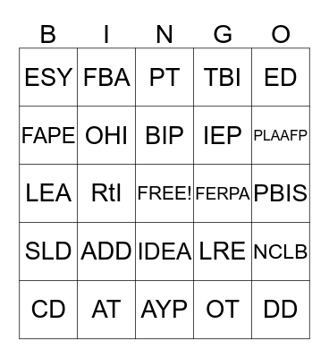 Special Education Acronym Bingo Card