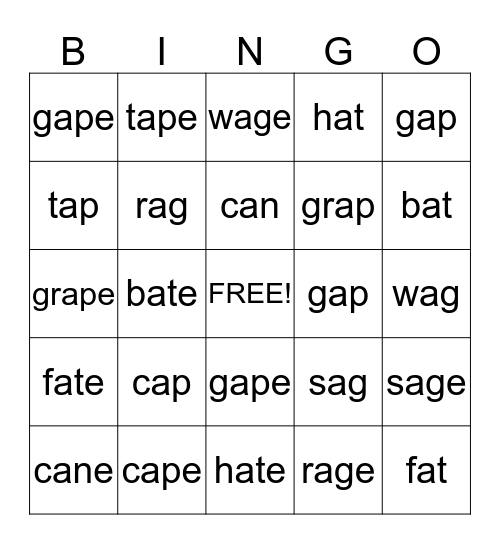 cvc/cvce words with vowel a Bingo Card