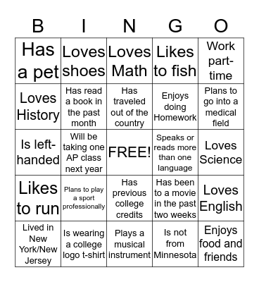 New Student Bingo Card
