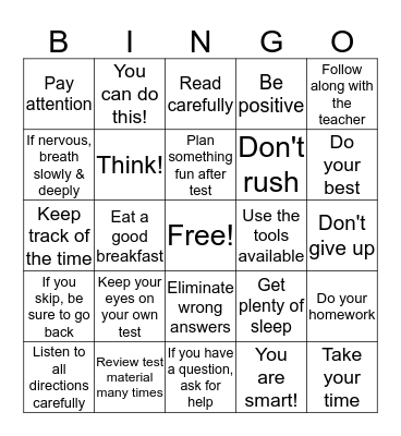 Test Taking Bingo Card