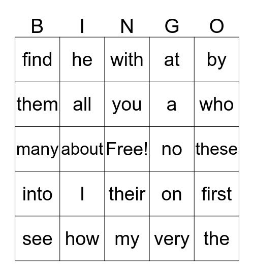 SIGHT WORD Bingo Card