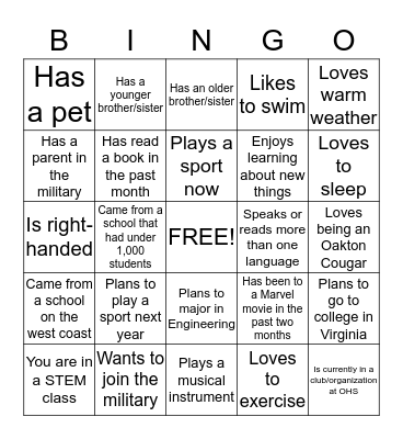 New Student Bingo Card