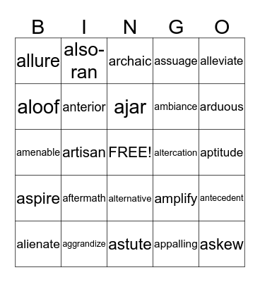 9/10 Vocabulary Bingo Card