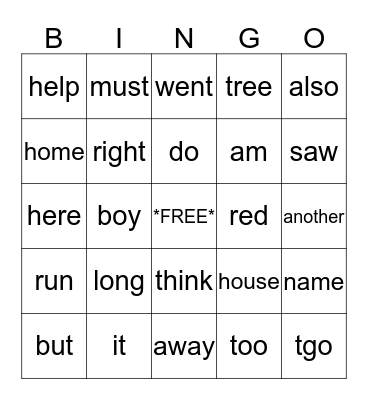SIGHT WORD Bingo Card