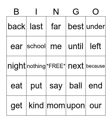 SIGHT WORD Bingo Card