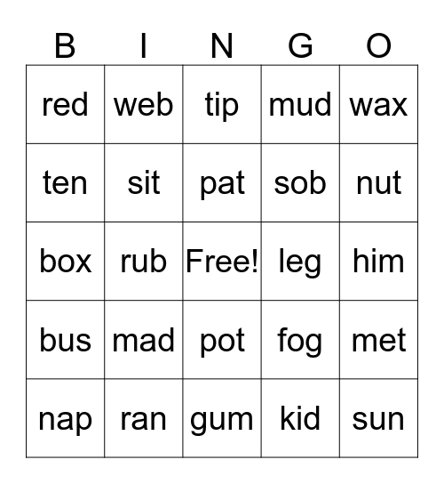 CVC words Bingo Card