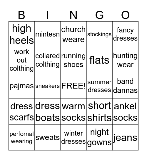 colthing in everyday Bingo Card