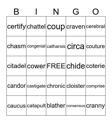 9/10 Vocabulary Bingo Card