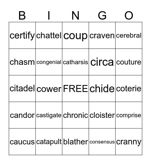 9/10 Vocabulary Bingo Card