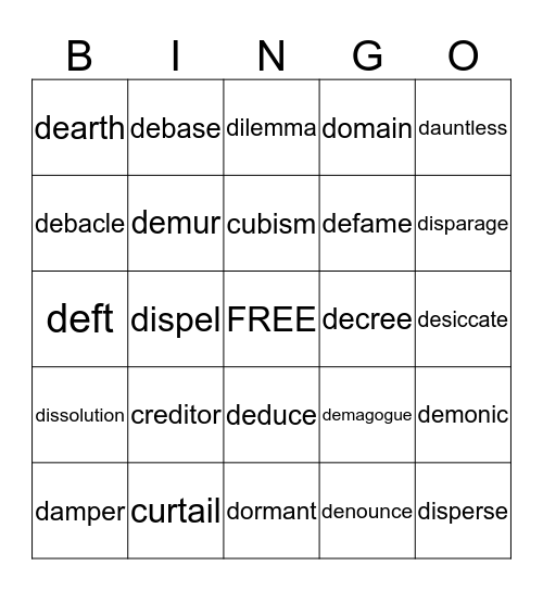 9/10 Vocabulary Bingo Card