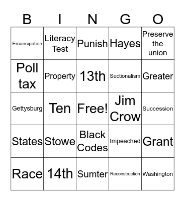 Civil War & Reconstruction Bingo Card