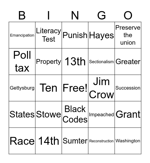 Civil War & Reconstruction Bingo Card