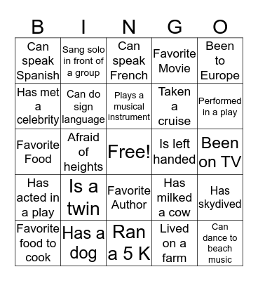 B  I  N  G  O Bingo Card