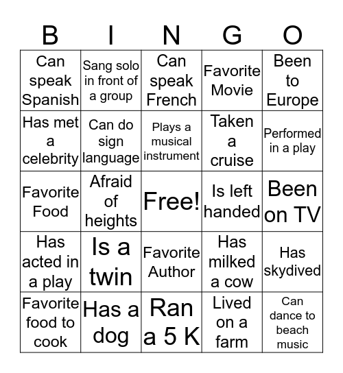 B  I  N  G  O Bingo Card