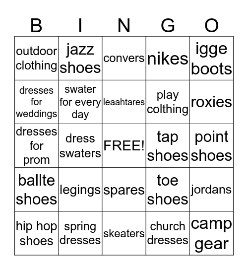 any time colthing Bingo Card