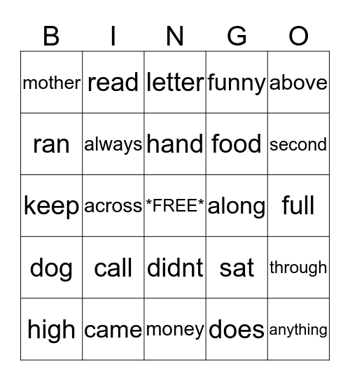 SIGHT WORD Bingo Card