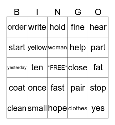 SIGHT WORD Bingo Card