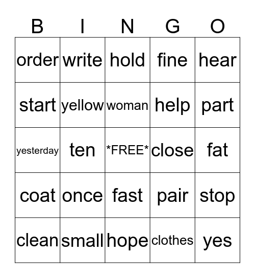 SIGHT WORD Bingo Card