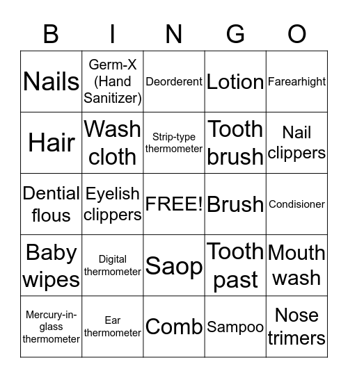 Grooming and Hygine Bingo Card