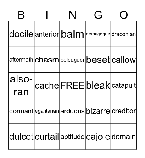 9/10 Vocabulary Bingo Card