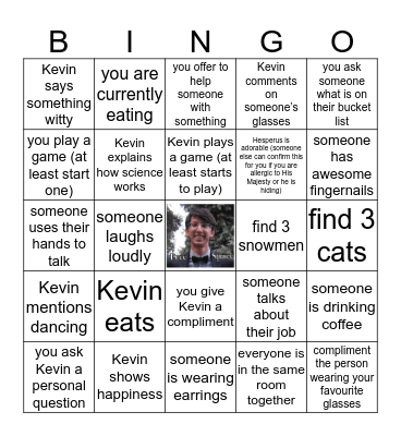 Kevin's Party Bingo Card