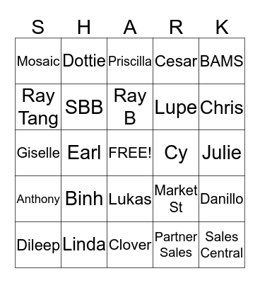 Team Sharks Bingo Card