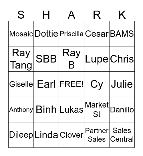 Team Sharks Bingo Card