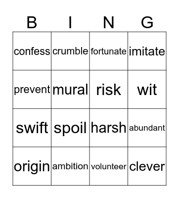 Vocabulary Bingo Card